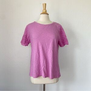 Solid Light Purple Cotton Blend Floral Eyelet Cutout T-Shirt